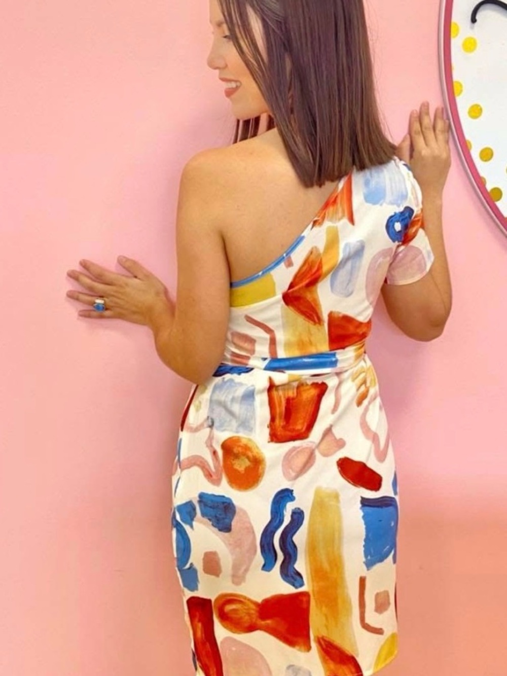 One-Shoulder Abstract Print Dress in White with Multicolor Motifs